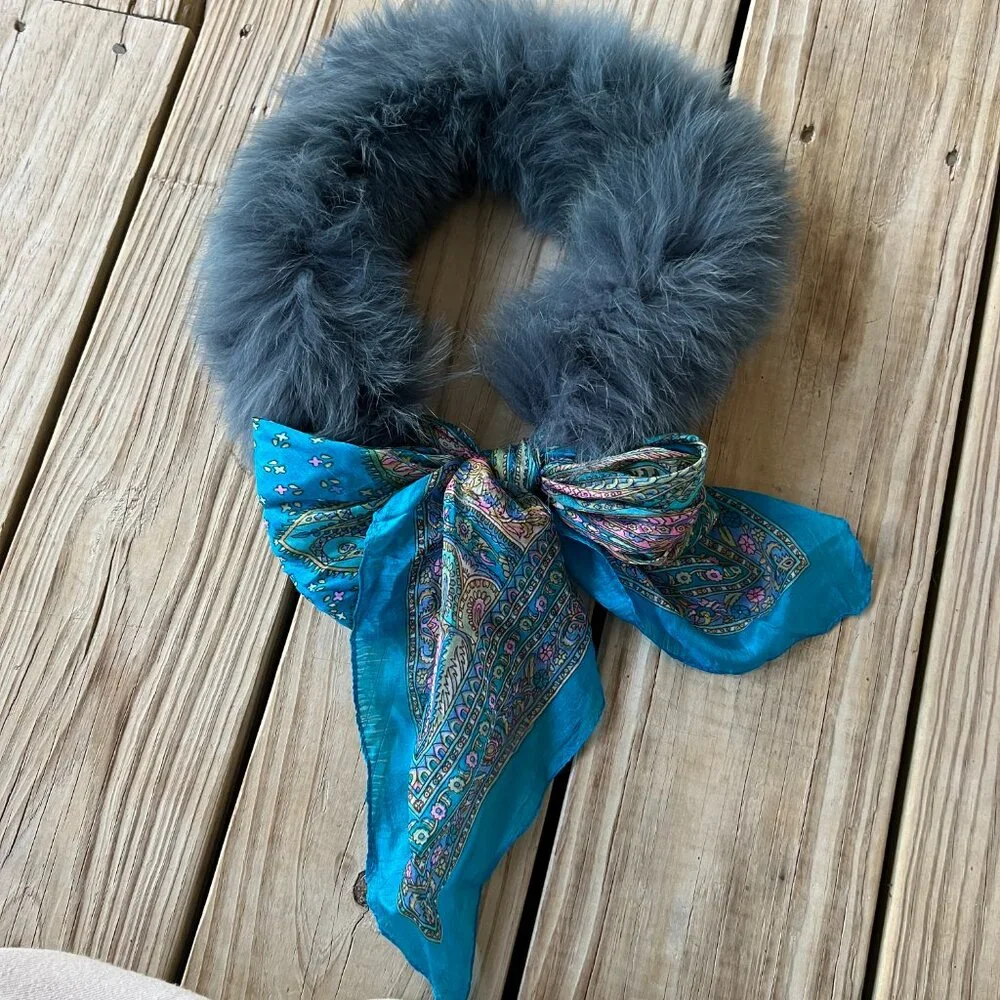 Fur and silk collar scarf - real genuine fur - teal blue